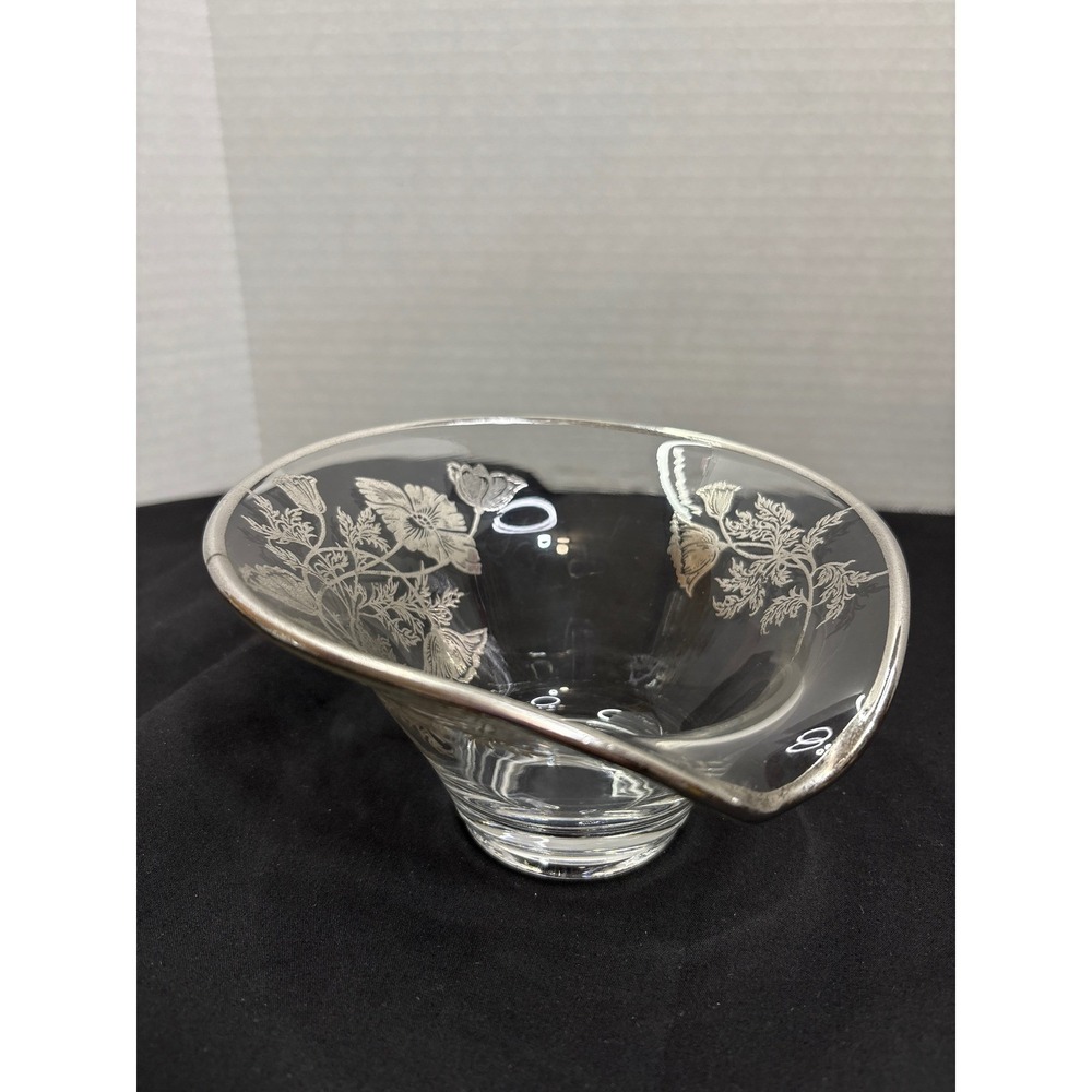 Vintage Silver Overlay Clear‎ Glass Bowl Candy Dish Trinket Holder Floral